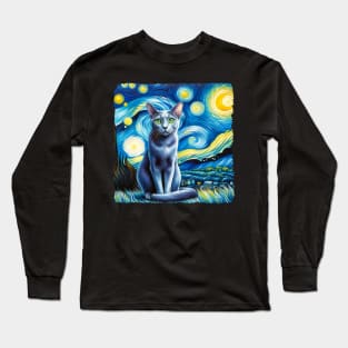 Korat Cat Starry Night Inspired - Artistic Cat Long Sleeve T-Shirt